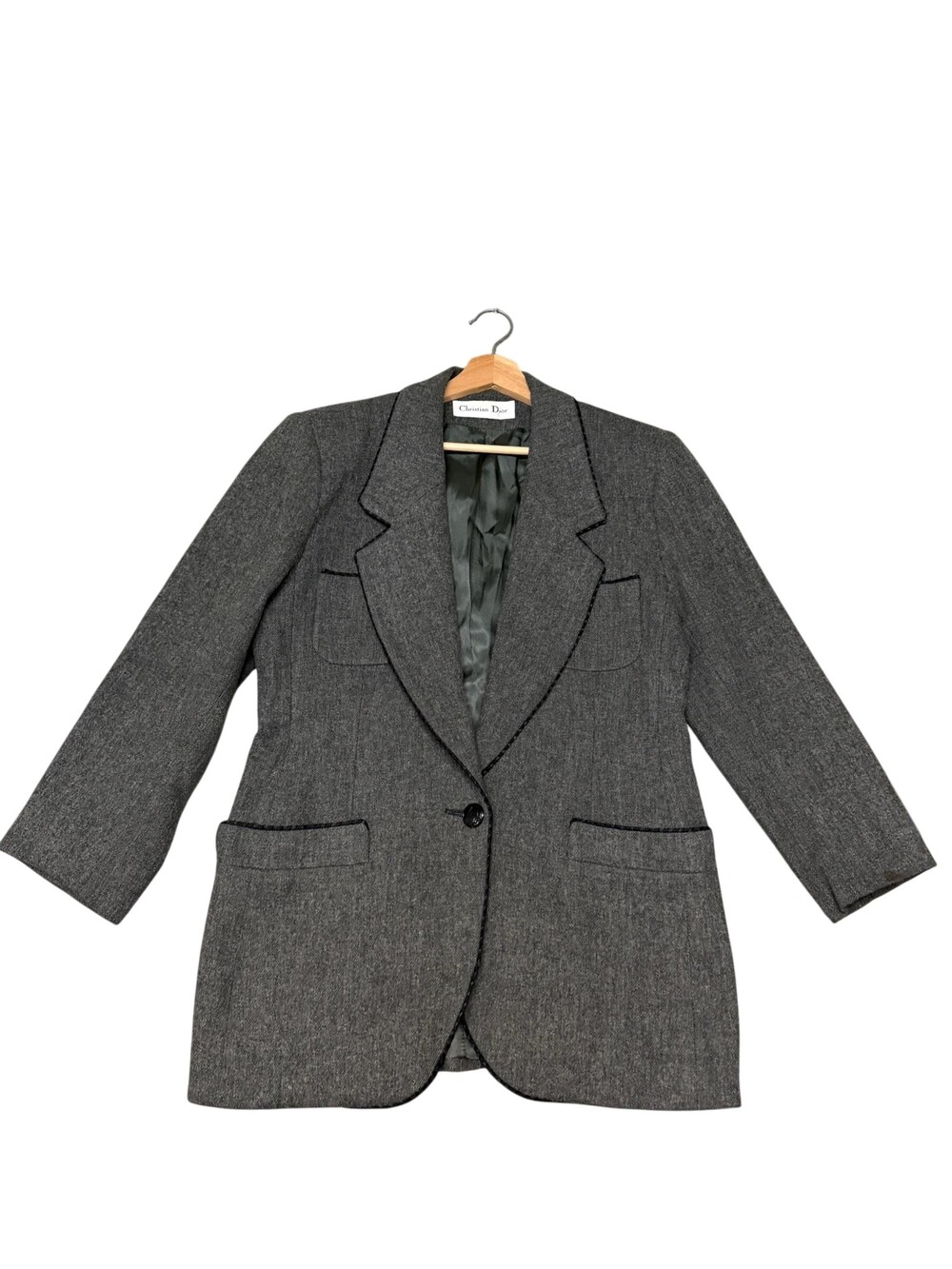 Vintage Christian Dior Blazer Womens 10 Gray Tweed Herringbone Long Lined USA